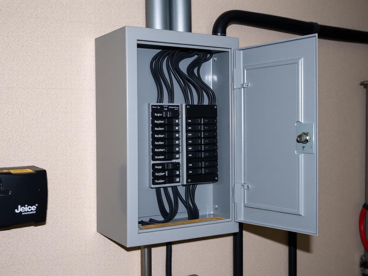 Open residential electrical panel showing breakers and main service rating